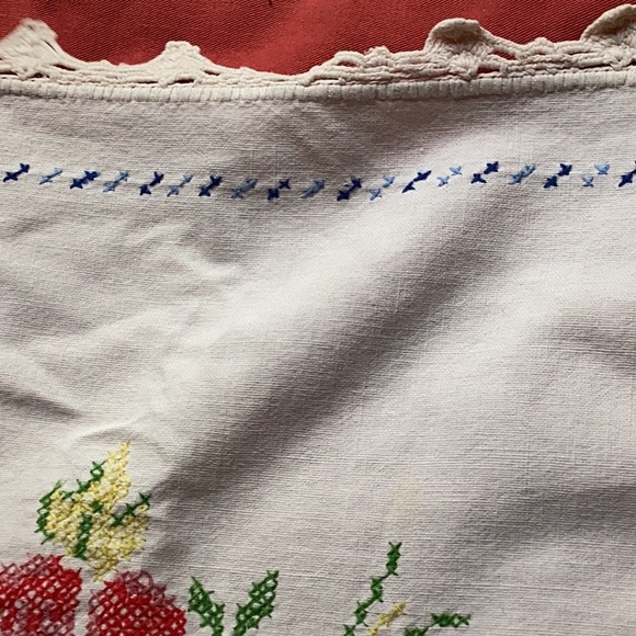 ⚜️ Hand Embroidered & Crocheted CROSS STITCH FLORAL TABLECLOTH VINTAGE RECTANGLE - Picture 4 of 15